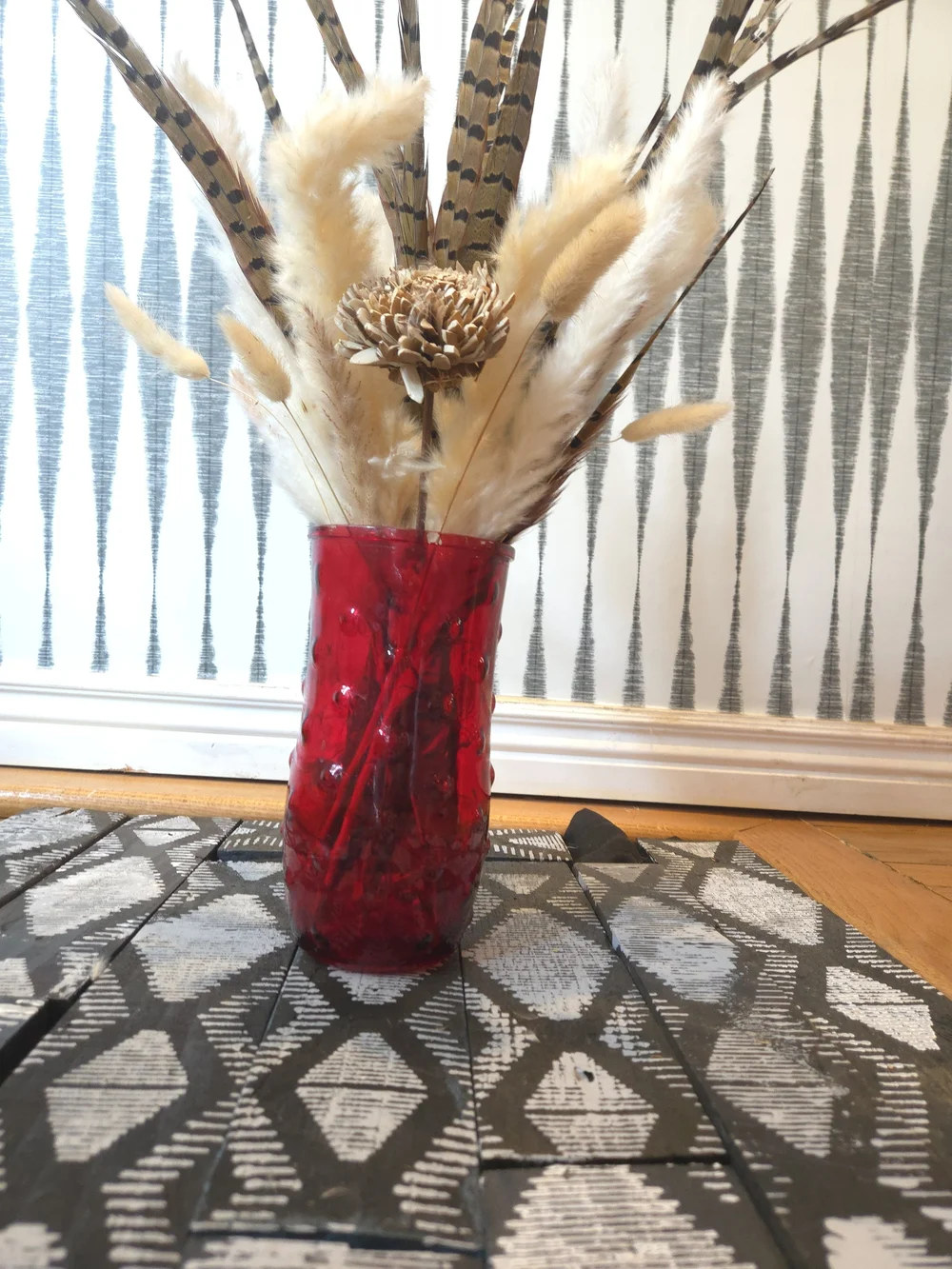 Vintage Ruby Red Embossed Glass Vase – Textured Cylinder Flower Vase Home Décor